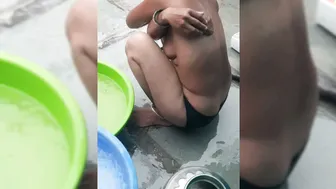 Indian Stepsister Bathing In Wet Bra Outdoors While He Watches From Behind