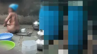 Indian Stepsister Bathing In Wet Bra Outdoors While He Watches From Behind