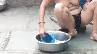 Indian Village Wife Bathes Naked In Open Courtyard After Removing Wet Saree Today