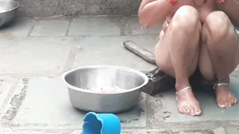 Indian Village Wife Bathes Naked In Open Courtyard After Removing Wet Saree Today