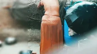 Indian Village Wife Bathes Naked In Open Courtyard After Removing Wet Saree Today