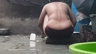 Indian Village Wife Bathes Naked In Open Courtyard After Removing Wet Saree Today