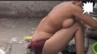 Skinny Waisted Indian Maid Ali Bathes In Open Courtyard While I Peek Secretly