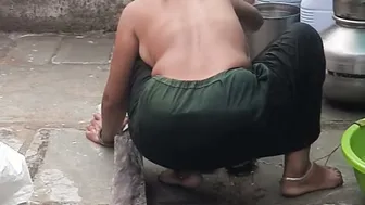 Skinny Waisted Indian Maid Ali Bathes In Open Courtyard While I Peek Secretly