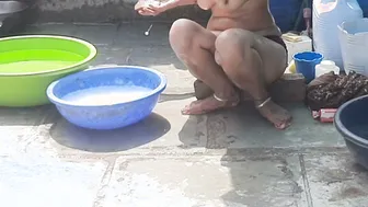 Stepsister In Red Tights Bathes Completely Naked In Open Desi Bathroom Today