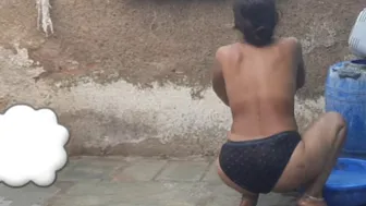 Telugu Relative's Wife Bathing In Black Panties Outside At My Place