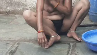 Telugu Relative's Wife Bathing In Black Panties Outside At My Place