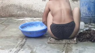 Telugu Relative's Wife Bathing In Black Panties Outside At My Place