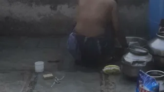 Village Girl Washing Herself Completely Naked In The Outdoor Bathroom