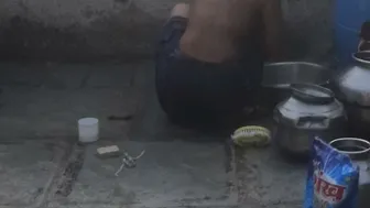 Village Girl Washing Herself Completely Naked In The Outdoor Bathroom