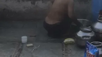 Village Girl Washing Herself Completely Naked In The Outdoor Bathroom