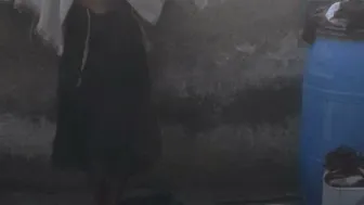 Village Girl Washing Herself Completely Naked In The Outdoor Bathroom