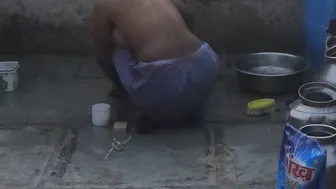 Village Girl Washing Herself Completely Naked In The Outdoor Bathroom