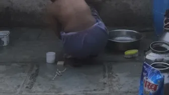 Village Girl Washing Herself Completely Naked In The Outdoor Bathroom