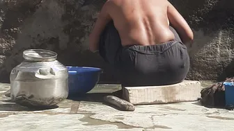 Telugu Stepsister Bathing Outside In The Village Gets Caught And Fucked