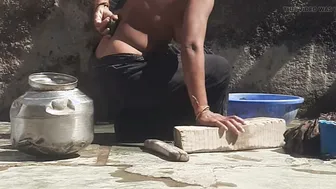 Telugu Stepsister Bathing Outside In The Village Gets Caught And Fucked