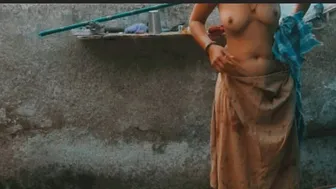 Elder Stepsister Bathes Naked In Open Courtyard While He Watches Her