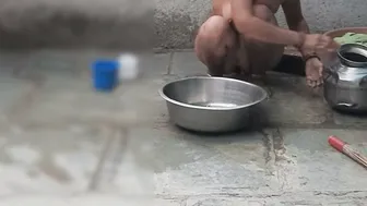 Elder Stepsister Bathes Naked In Open Courtyard While He Watches Her