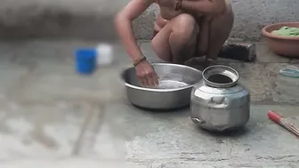 Elder Stepsister Bathes Naked In Open Courtyard While He Watches Her