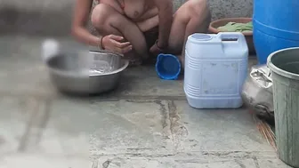 Elder Stepsister Bathes Naked In Open Courtyard While He Watches Her