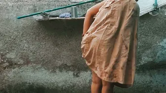Elder Stepsister Bathes Naked In Open Courtyard While He Watches Her