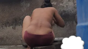 Desi Stepsister Bathing In Red Tights Outside The House At Sunset Today