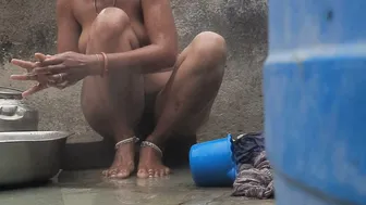 Desi Stepsister Bathing In Red Tights Outside The House At Sunset Today