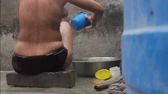 Desi Stepsister Bathing In Red Tights Outside The House At Sunset Today