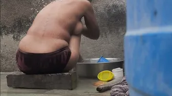 Desi Stepsister Bathing In Red Tights Outside The House At Sunset Today