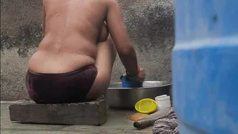 Desi Stepsister Bathing In Red Tights Outside The House At Sunset Today