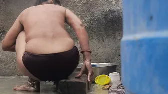 Desi Stepsister Bathing In Red Tights Outside The House At Sunset Today