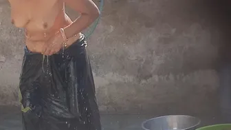 Stepsister Rinses Off In The Open Yard While Bhabhi Walks Into The House