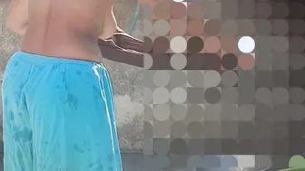 Stepsister Rinses Off In The Open Yard While Bhabhi Walks Into The House