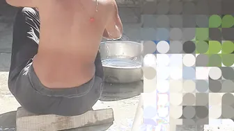 Stepsister Rinses Off In The Open Yard While Bhabhi Walks Into The House