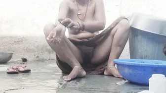 Village Stepsister Bathing Naked In Courtyard Stepbrother Watching Her Body