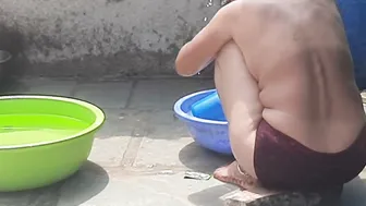 Telugu Stepsister Soaking Her Wet Saree While Bathing Naked In The Open