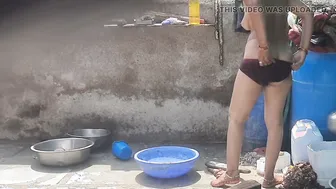Telugu Stepsister Soaking Her Wet Saree While Bathing Naked In The Open