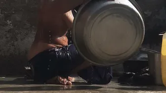Indian Stepsister Taking Her Bath In The Village's Open Air Bathroom