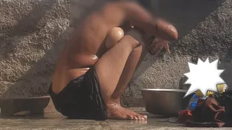 Indian Stepsister Bathing Naked In Open Village Bathroom By The Well