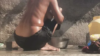 Indian Stepsister Bathing Naked In Open Village Bathroom By The Well