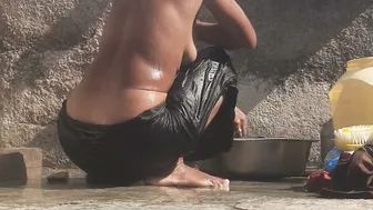 Indian Stepsister Bathing Naked In Open Village Bathroom By The Well