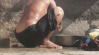 Indian Stepsister Bathing Naked In Open Village Bathroom By The Well