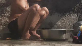 Indian Stepsister Bathing Naked In Open Village Bathroom By The Well