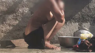 Indian Stepsister Bathing Naked In Open Village Bathroom By The Well