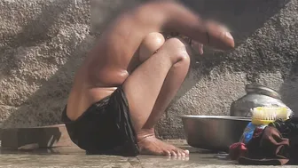 Indian Stepsister Bathing Naked In Open Village Bathroom By The Well