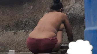 Desi Girl Bathing In Open Courtyard Wearing Red Tights