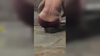 Desi Girl Bathing In Open Courtyard Wearing Red Tights