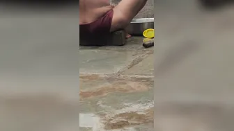 Desi Girl Bathing In Open Courtyard Wearing Red Tights