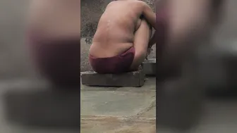 Desi Girl Bathing In Open Courtyard Wearing Red Tights