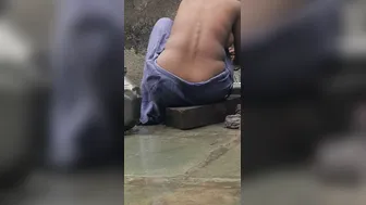 Desi Girl Bathing In Open Courtyard Wearing Red Tights